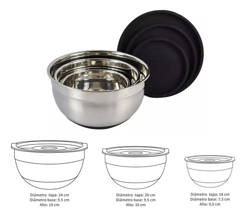 Set De 3 Bowls De Acero Inoxidable Con Tapa, Antideslizantes
