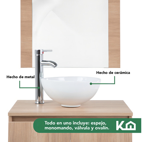 Mueble Para Baño Gabinete Con Espejo Lavabo Completo Color Haya Fibra De Madera MFC Con Puerta Frontal Repisa Llave Monomando Escurridor Y Ovalín De Cerámica KingsHouse