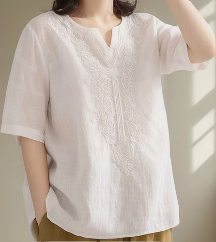 Blusa De Lino Y Algodón Con Cuello En V Para Mujer, Elegante