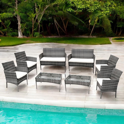 Sala De Jardín Mimbre Para 8 Personas Con Mesa Centro Gris