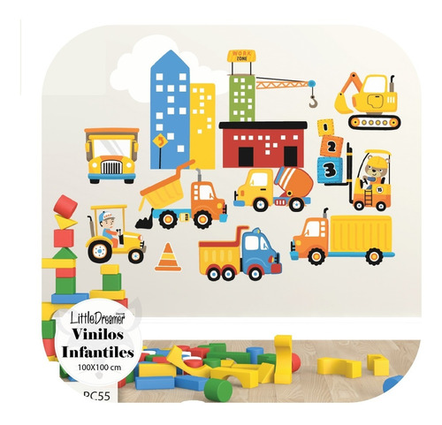 Vinilo Infantil Construccion Camiones Ciudad Pc55a 100cm