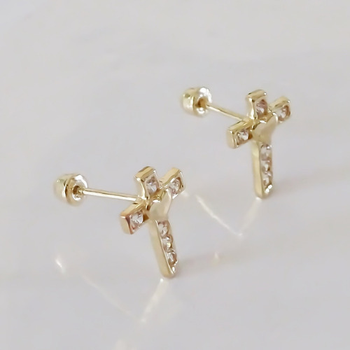 Amor Eterno - Broquel Aretes Cruz Corazón Diamante / Oro 10k