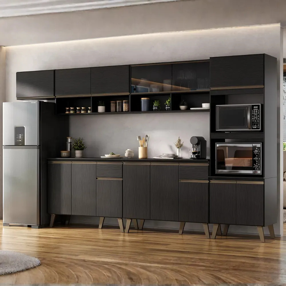 Armário De Cozinha Completa Modulada 330cm Com Armário E Balcão Atlanta Easy Carraro Preto Touch