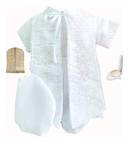 Traje Bautizo+kit Vela Ropón Bautizo Niño Bordado