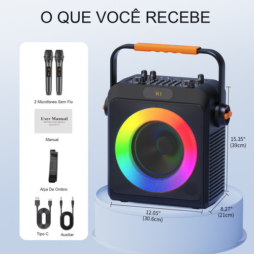 Caixa Som Portátil Bluetooth Con Microfone Amplificada, TWS para Som Estéreo Hi-Fi Luzes RGB para Casa, Festa e Uso Externo