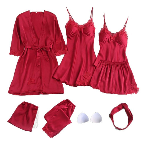 Imagen 1 de 3 de Pijama Satén 8 En 1 Pzs Conjunto Bata, Short, Pantalòn Rojo