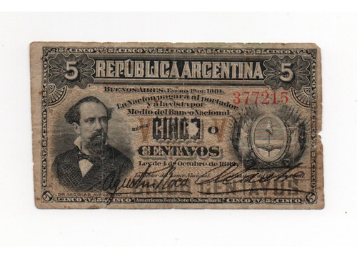 Argentina Billete 5 Centavos Año 1884 Fraccionario Col#007a