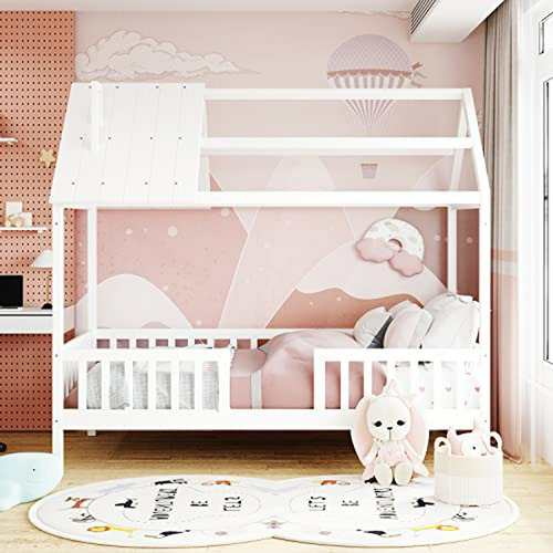 Zxllo Cama Doble Infantil Blanca Cama De Casa De Madera Con 