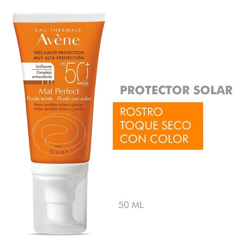 Avene Protector Solar Fps50 Mat Perfect Fluido Toque Seco Con Color Pieles Mixtas A Grasas Sensibles