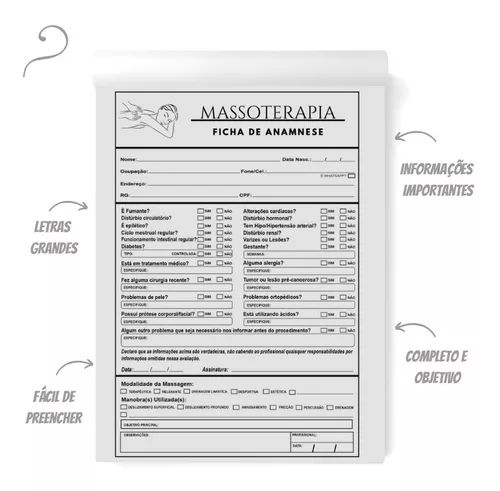 Bloco Anamnese Para Massoterapia Profissional Ficha Completa