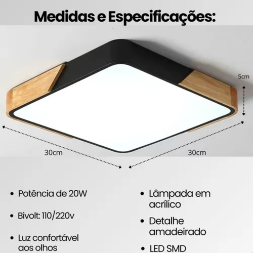 Luminária Plafon Quadrada Com Design Amadeirado Bambu 3em1 Preto