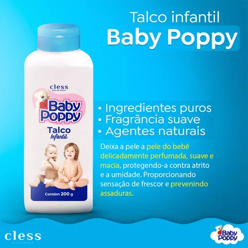 Talco Infantil Baby Poppy Pele Bebê Macia Perfumada 2x200g