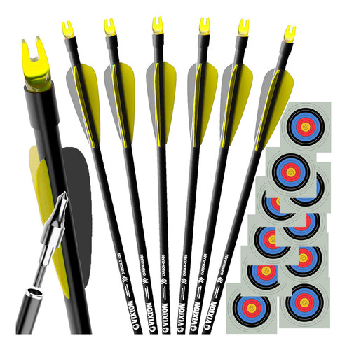 06 Flechas Arco E Flecha Fibercarbon Drone + 10 Alvos Fita Cor Amarelo