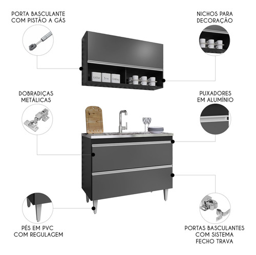Armário De Cozinha Com Nicho Cp01 E Pia 100cm Z34 Preto/graf