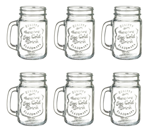 Set 6 Tarros Frasco Mason Jar Vintage Vidrio Labrado 480 Ml Color Transparente