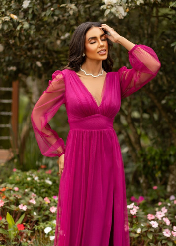 Imagem 2 de 3 de Vestido Tule Com Manga Coleção Winter Love Várias Cores 1065