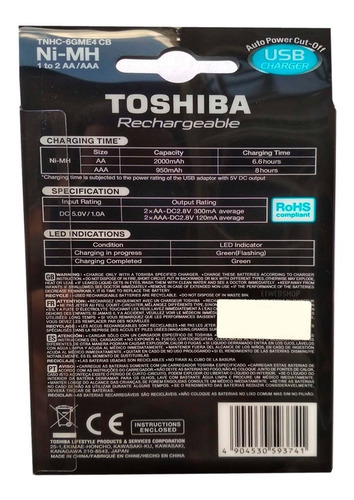 Imagem 2 de 4 de Carregador Toshiba Micro Usb Com 4 Pilhas Aa Recarregáveis