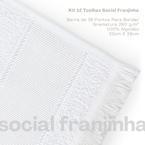 Kit Toalhas De Lavabo Social 100% Algodão Franja 23x39cm Branco - 12 Unidades