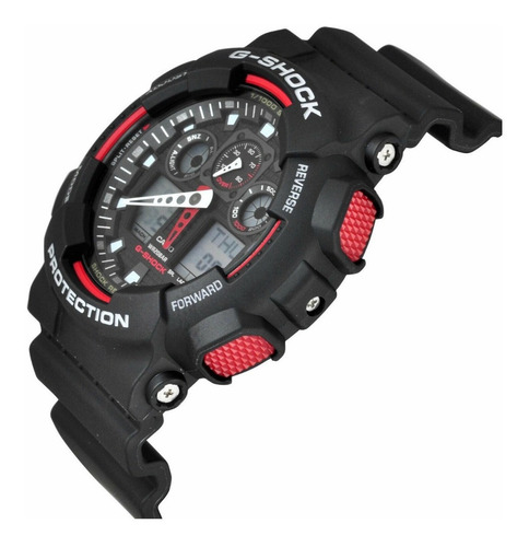 Imagen 3 de 4 de Reloj de pulsera Casio G-Shock GA-100 de cuerpo color negro, analógico-digital, para hombre, fondo negro, con correa de resina color negro, agujas color blanco y rojo, dial gris y blanco, subesferas color negro y gris, minutero/segundero blanco, bisel color negro y rojo y hebilla doble