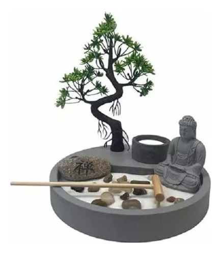 Jardim Zen Master Buddha Com Bonsai Artificial Y2002 Cor Cinza