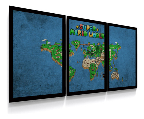 Conjunto 3 Quadros Mapa Super Mario World Super Nintendo Nes