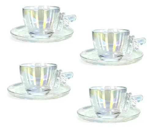 Kit 4 Xícaras Para Café Com Pires Bee Em Vidro 80ml - Rb