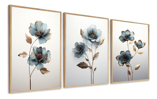 Quadros Decorativos Parede Azul Flores Sala Quarto Moldura