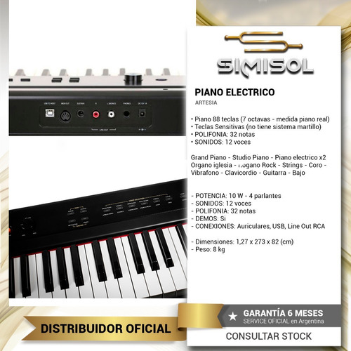 Imagen 3 de 6 de Piano Digital Artesia 88 Teclado Sensitivo + Pie + Banqueta