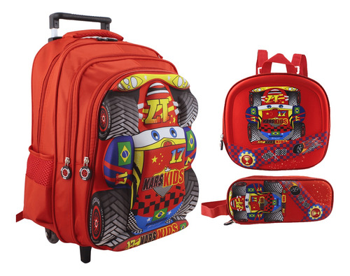 Kit Mochila Infantil Rodinhas Carros Grande Estojo Lancheira