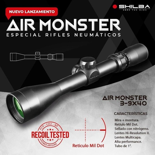 Imagen 3 de 9 de Mira Shilba Air Monster 3-9x40 Mil Dot Nitro Pistón Anilla