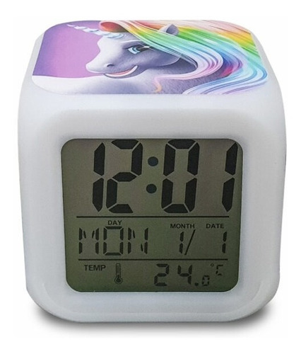 Reloj Despertador Unicornio Cambia Color C/termómetro