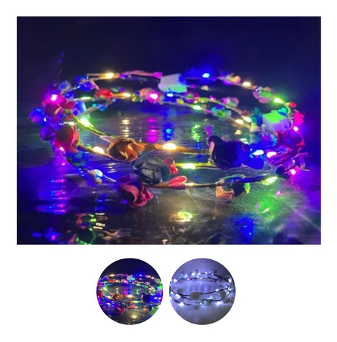 Vincha Flores Hippie Led Tiara Corona Hawaiana Cot Luminoso Color Multicolor