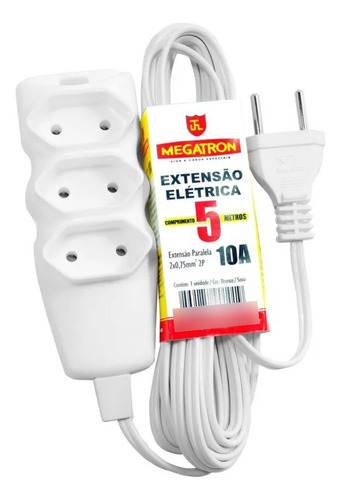 Extensão Tripla 2 X 0,75mm 2p Branca Megatron 5 Metros Cor Branco