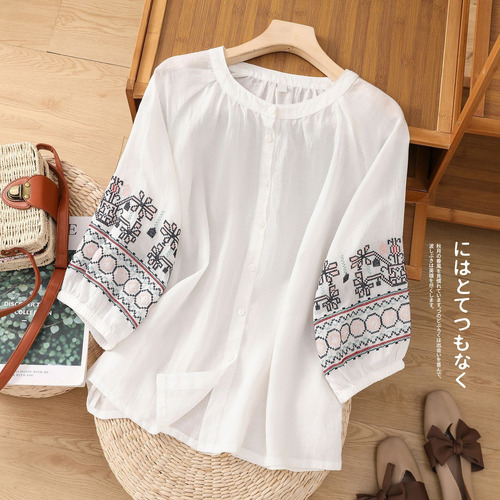 Blusa Bordada De Lino Y Algodón Con Mangas Tipo Farol