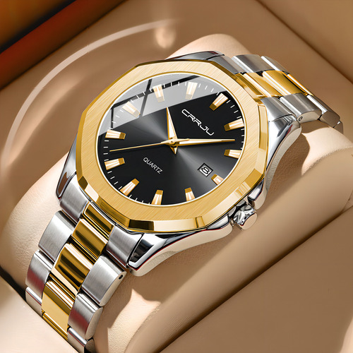Reloj deportivo Crrju Calendar luminoso de acero inoxidable con fondo negro dorado plateado