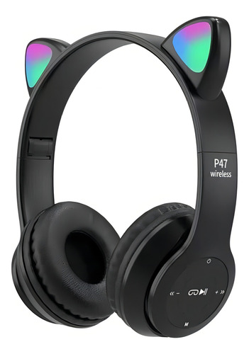 Fone Gatinho Sem Fio Led Bluetooth Infantil Orelha Gato Cat Cor Preto