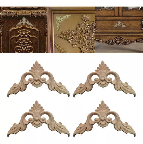  Moldura de madera decorativa para muebles: 4 piezas de apliques  de madera sin pintar, apliques de esquina de madera para puerta de gabinete  de 3.1 x 3.1 in : Herramientas y