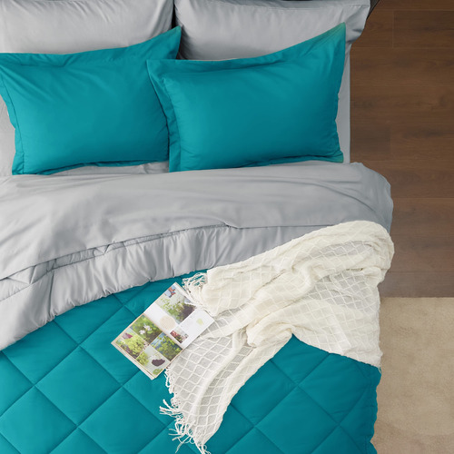 Juego Edredon Y Ropa De Cama 208x218 Cm Azul Aqua Reversible