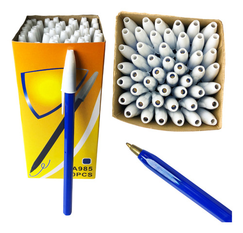 Caja Pack X50 Lapiceras 1 Mm Boligrafo Birome Veoquiero Tinta Azul Exterior Azul