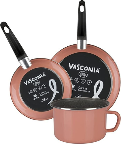 Bateria Cocina 3 Pzs Vasconia Induccion Vitroacero Line Rosa