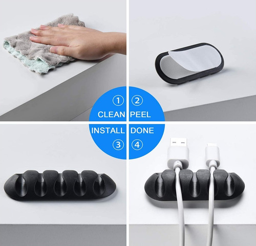 Imagen 3 de 9 de Organizador De Cables Soporte Clip Adhesivo Negro Set X 10u