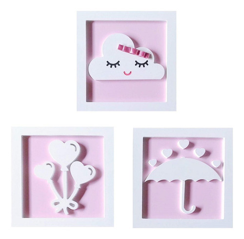 3 Quadros Impressos Chuva De Amor Quarto Infantil Menina