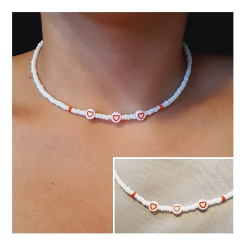 Colar Miçangas Gargantilha Choker Corações Moda Praia Cordão