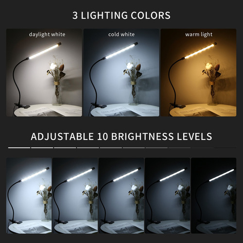 Clip-on Desk Lamp Dimmable Reading Light 3 Lighting Modes