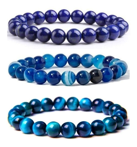 Kit Azul 3 Pulseiras Lápis Lázuli Ágata Azul Olho De Tigre