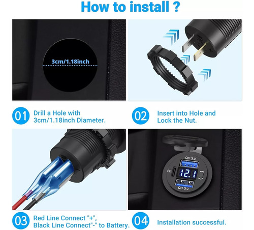 Cargador Triple 1 Tipo C Y 2 Usb Qc 3.0 56w 12v - 24v