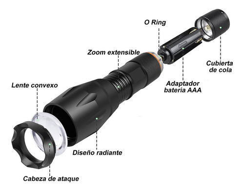 Linterna Led Táctica 1000 Lumens Recargable+bateria+cargador Linterna Negro Luz Blanco