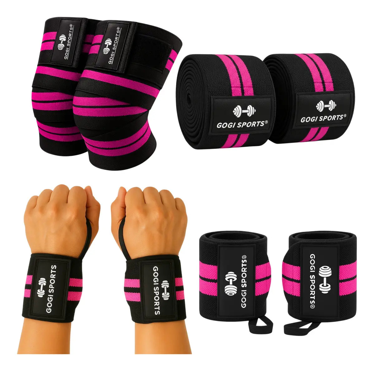 Kit Par De Vendas Para Rodilla Knee Wraps + Muñequeras Gym Color Rosa fluorescente