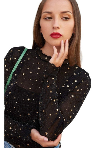 Blusa Top Con Malla Manga Larga Estrellas Transparente Sexy