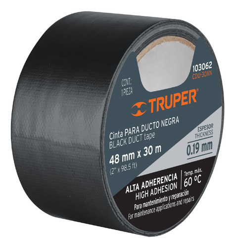 Cinta Negra Para Ducto 48mm, Espesor 0.19mm, Truper 103061 Color Negro CDU-10XN